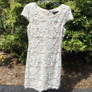Ralph Lauren White Floral Lace on Cream Midi Dress
